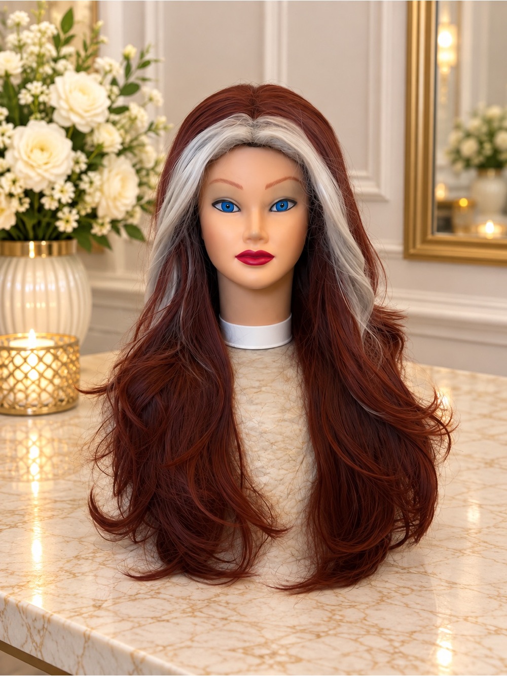 Deep Red to Platinum White Long Wavy Wig